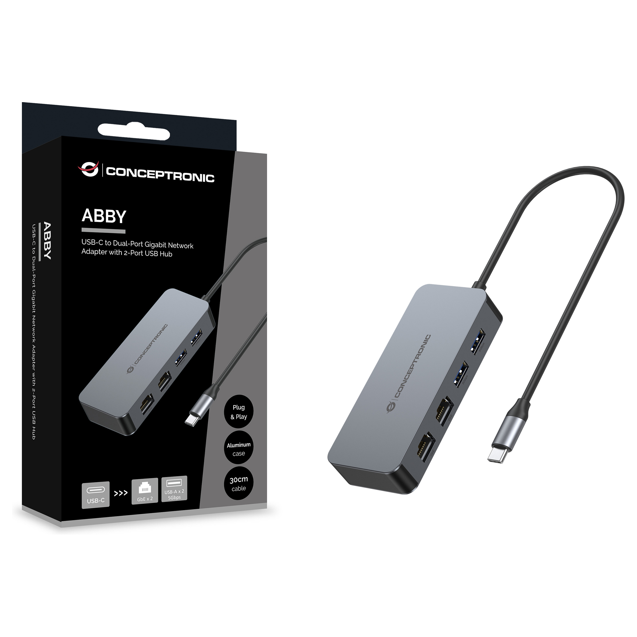 Adapter Conceptronic ABBY24G, USB-C, 2x RJ45 Gigabit, 2x USB-A 3.2 Gen 1, 5Gbps - Hiri 5