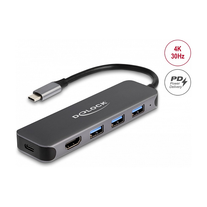 Hub USB DeLOCK 64171 / USB-C / 3x USB-A / HDMI 4K @ 30Hz / USB 5 Gbit/s / Power Delivery 85W / 0.15 m - Gri 2