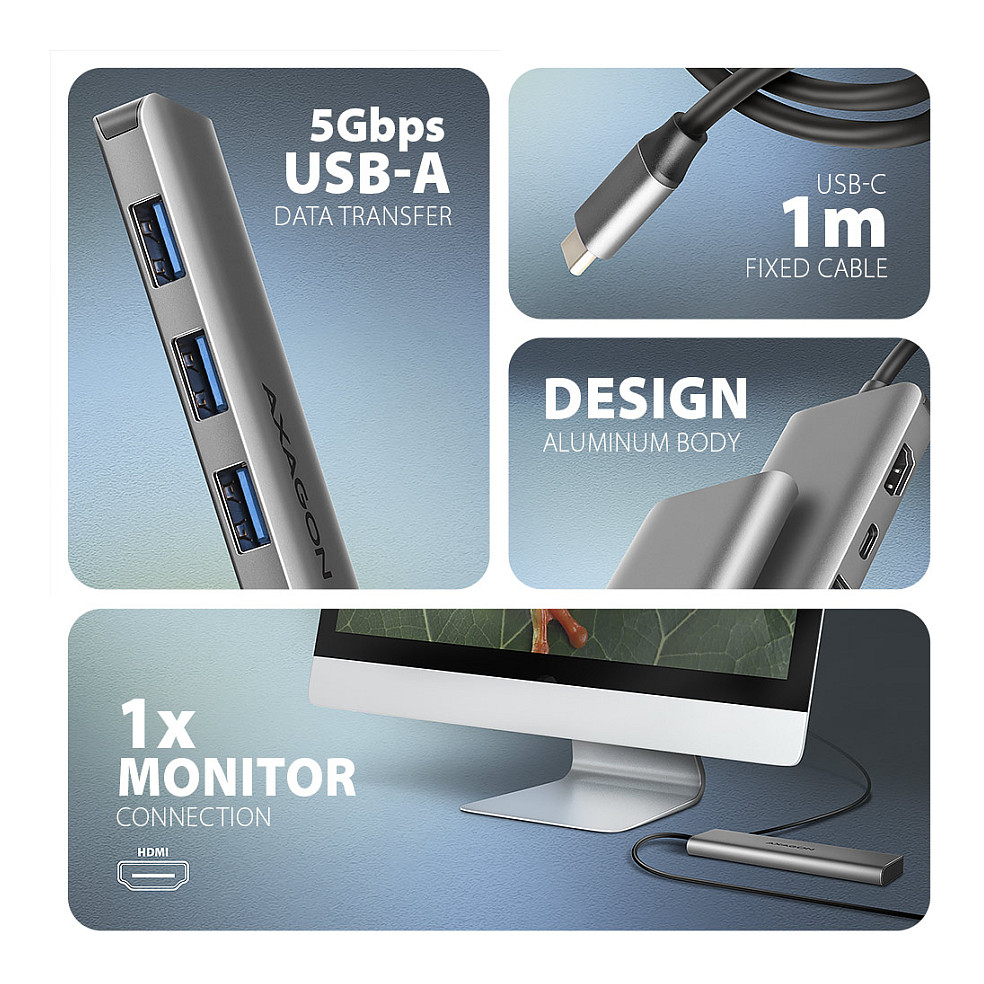 USB-C Hub AXAGON HMC-5H, 3× USB-A, HDMI 4K, USB-C PD 100W - Argjend 3