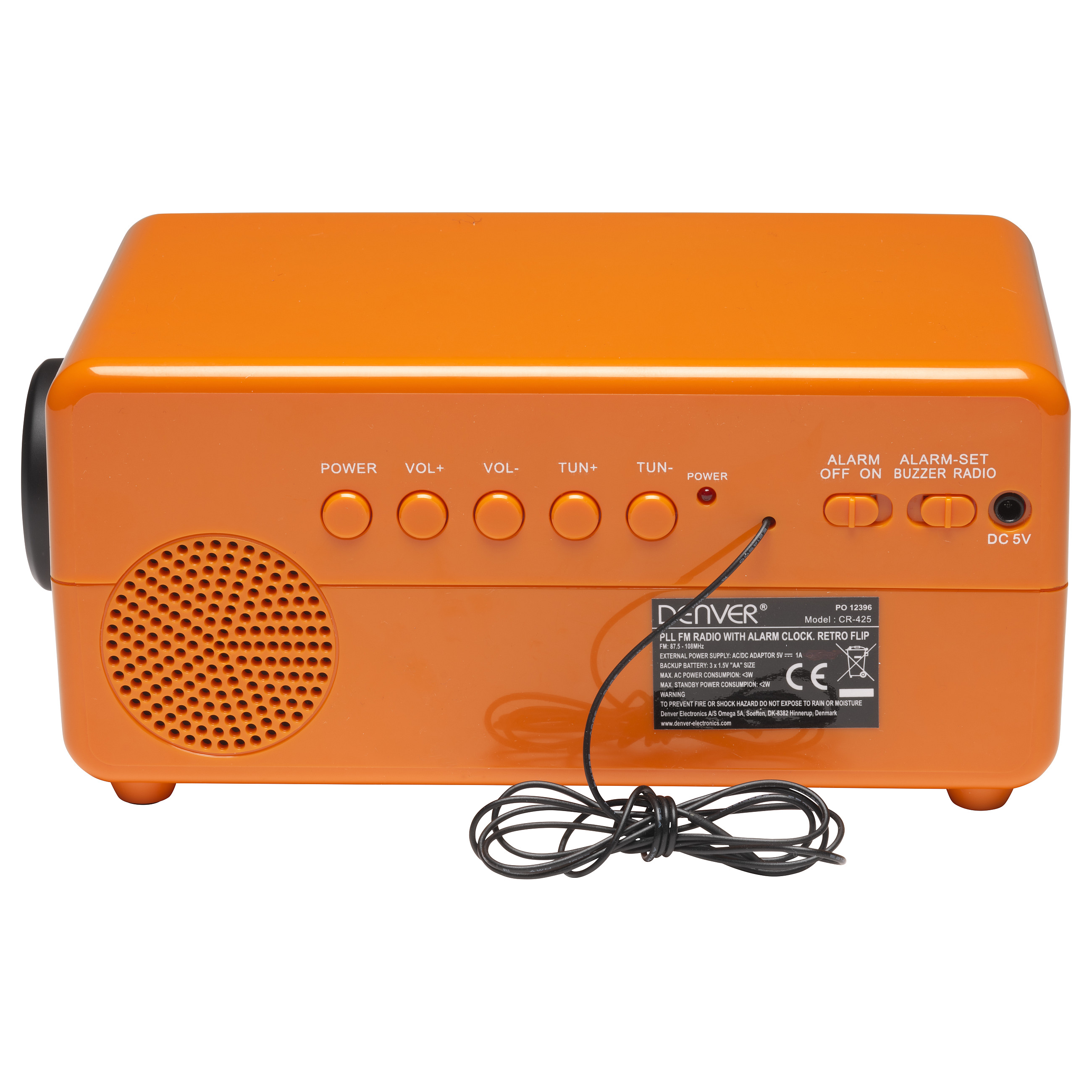 Radio me orë dhe alarm Denver CR-425, FM PLL, ekran me shifra retro, zgjim me radio ose sinjal zanor, bateri rezervë AA - Portokalli 6