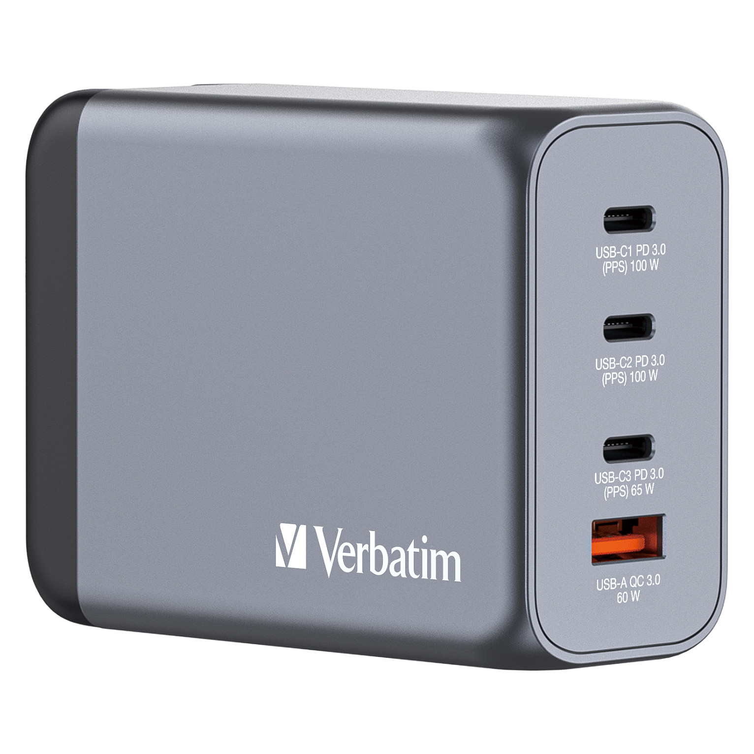 Karikues Verbatim GNC-200, GaN, 200 W, 3x USB-C, 1x USB-A, PD, QC 3.0 - Gri