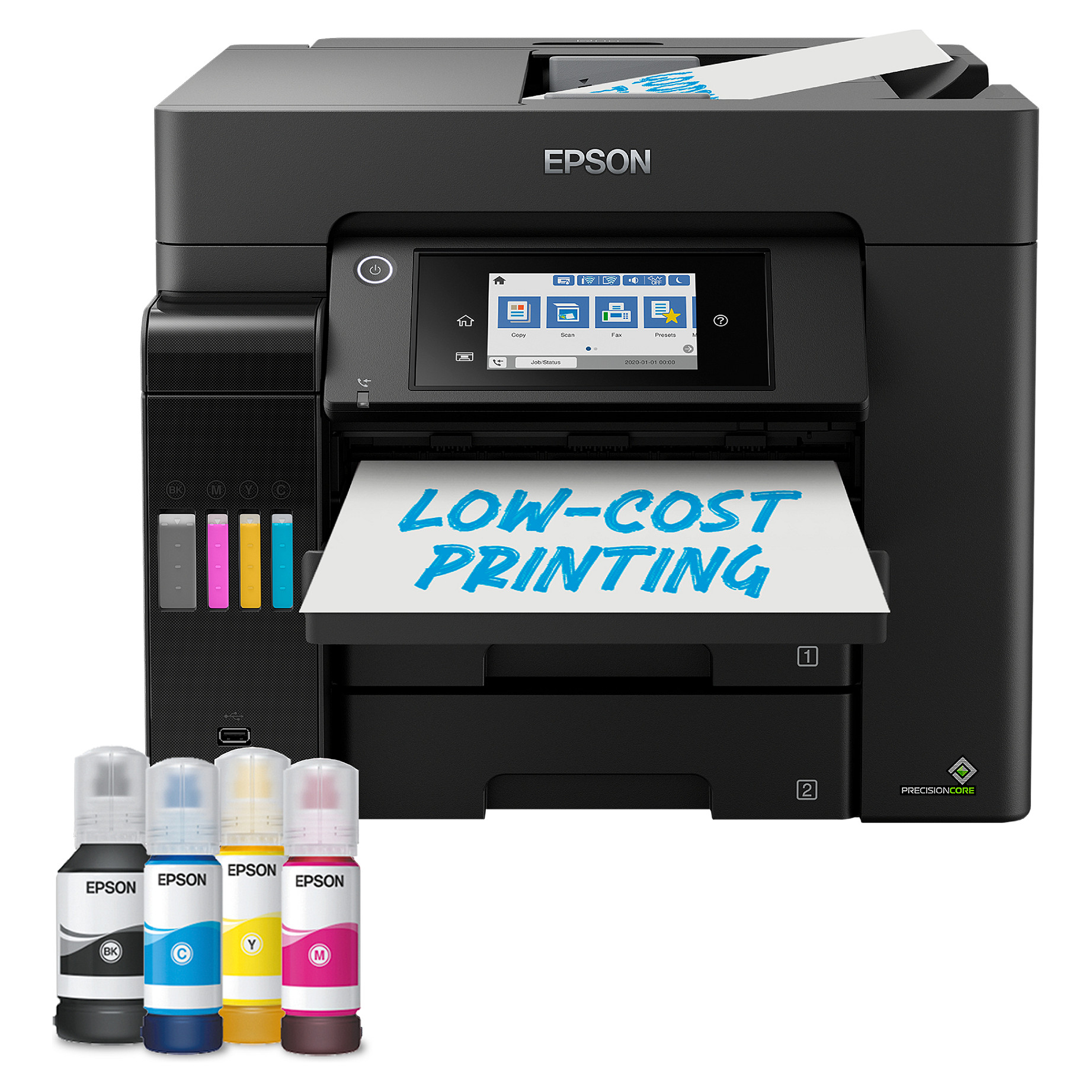Printer Multifunksional Inkjet me Ngjyra Epson EcoTank ET-5855, A4, 4800 × 1200 DPI, 25 ppm, Printim, Kopjim, Skanim, Faks, Duplex Automatik, Wi-Fi, Wi-Fi Direct, LAN, USB – Zezë