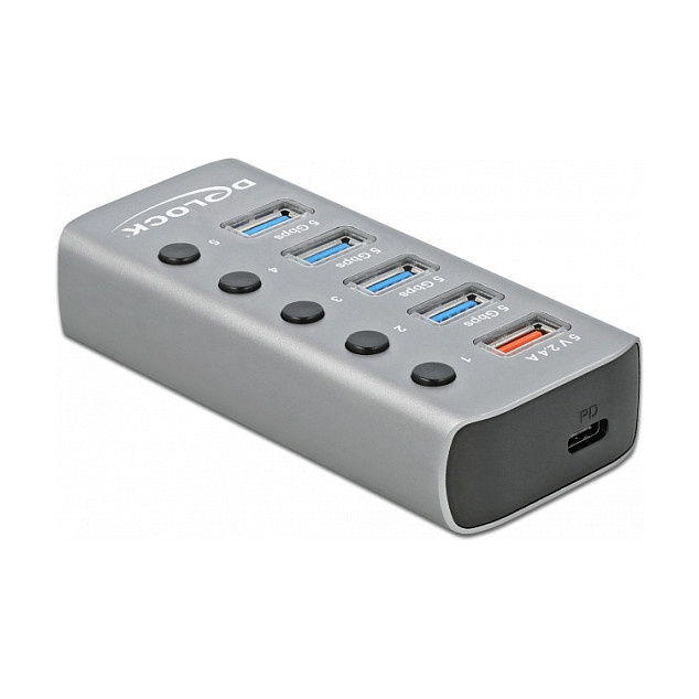 Hub DeLOCK 63263, 4x USB-A, USB 5Gbps, USB-A Karikim 2.4A, USB-C PD 3.0, 5x Ndërprerës, Furnizim i Jashtëm - Gri 3