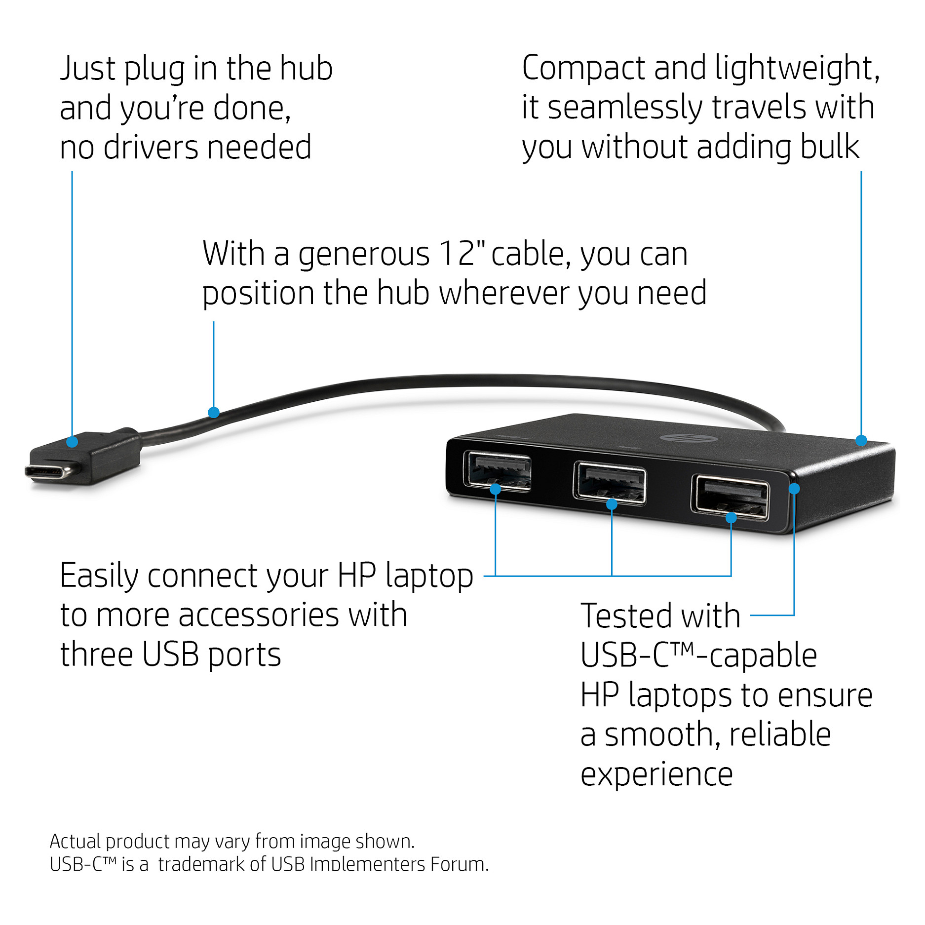 Hub USB HP Z6A00AA / USB-C në 3x USB-A / 2x USB 3.0 + 1x USB 2.0 / Kabllo e integruar - Zezë 4