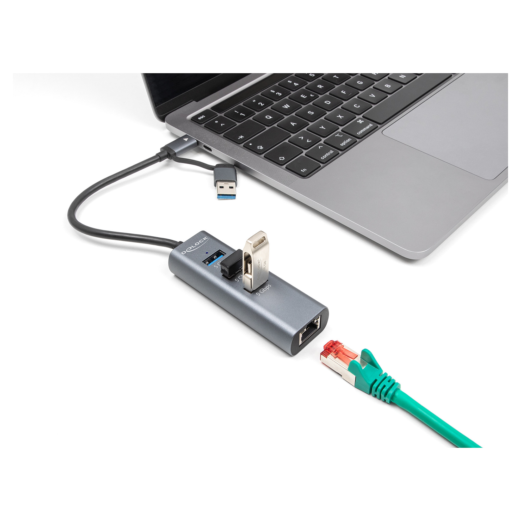 Hub USB DeLOCK 64282 / 3 Porta / USB 5 Gbps / Gigabit LAN / USB Type-C dhe Type-A / 20 cm - Gri 3