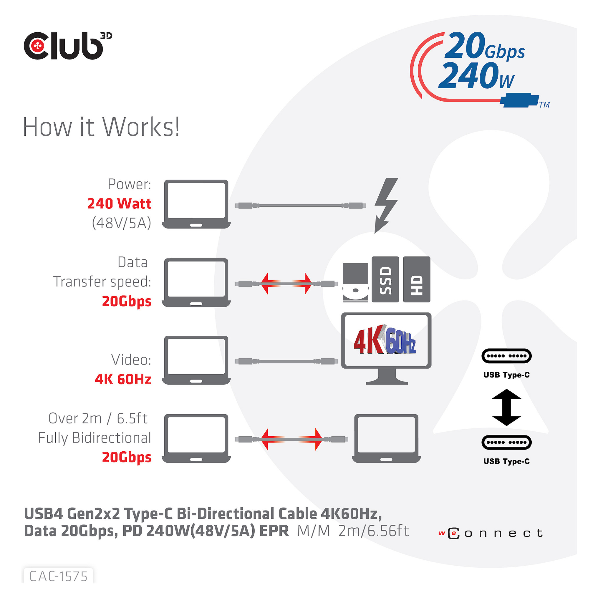 Kabllo USB Club 3D CAC-1575, USB4, USB-C në USB-C, 20 Gbps, 240 W, 2 m - Zezë 10
