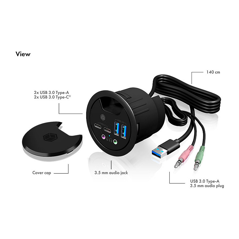 Hub ICY BOX IB-HUB1403B, 2x USB-C, 2x USB-A, USB 3.0, 5Gbps, Audio, Montim në Tavolinë - Antracit 6