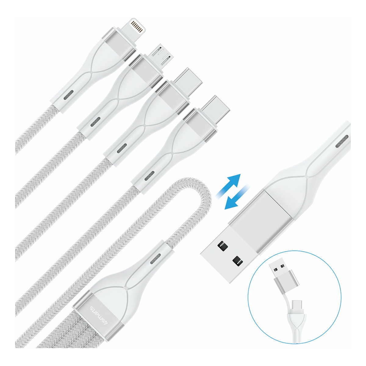 Kabllo USB 4smarts USB-C/A Multi-Charging Cable 4-in-2 / 1.2m – Bardhë thumbnail 3