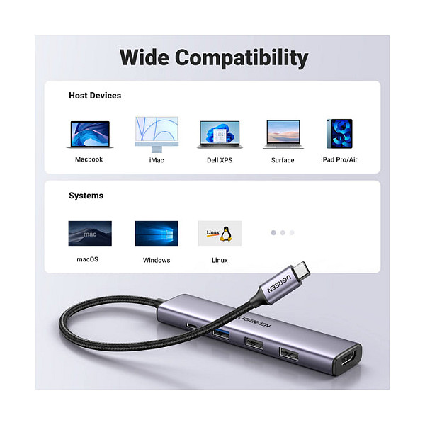 Hub UGREEN 15495 / 5-in-1 / USB-C / 100W PD / HDMI / 3x USB-A / 4K@30Hz / 5Gbps - Gri 7