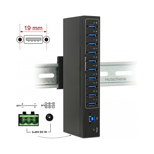 Hub DeLOCK 63919, 10x USB-A, USB 5Gbps, USB-B, 9–40V DC, 20kV ESD, Metal, Montim në Mur - Zezë 2