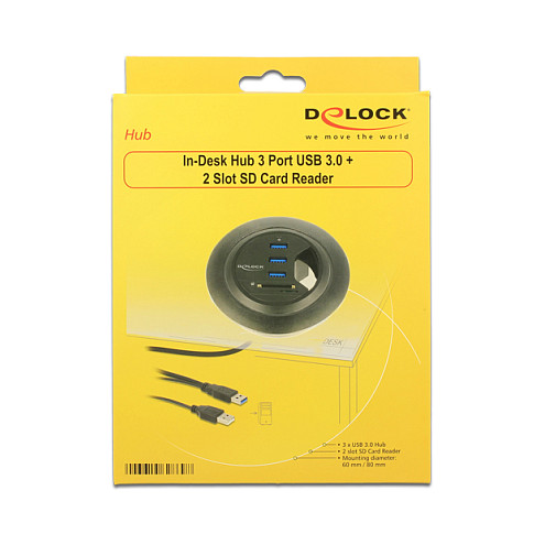 Hub USB DeLOCK 62869 / USB 3.0 / 3x USB-A / SD + Micro SD / Montim në Tavolinë / 0.95 m - Zezë 5