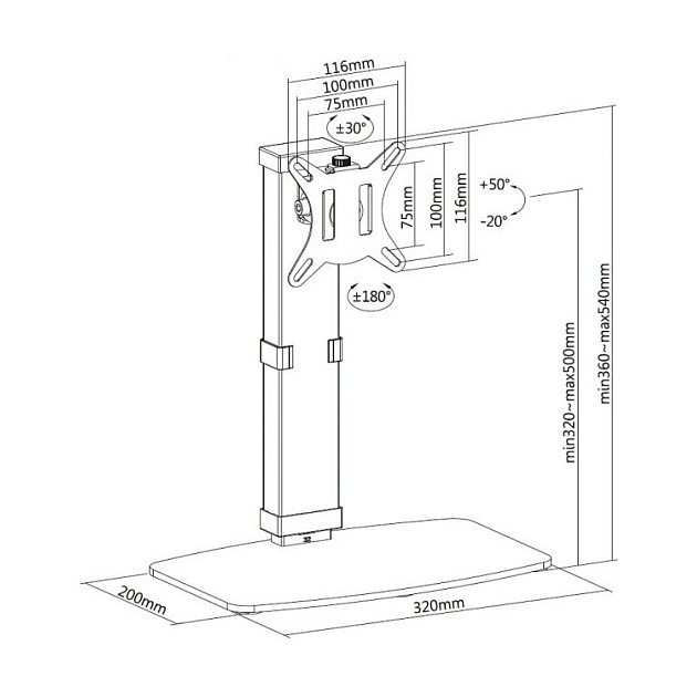 Mbajtëse për Monitor Equip 650126 / 1 Monitor / 17–32" / deri 8kg / VESA 75x75 & 100x100 / Lartësi e Rregullueshme / 360° - Zezë 6