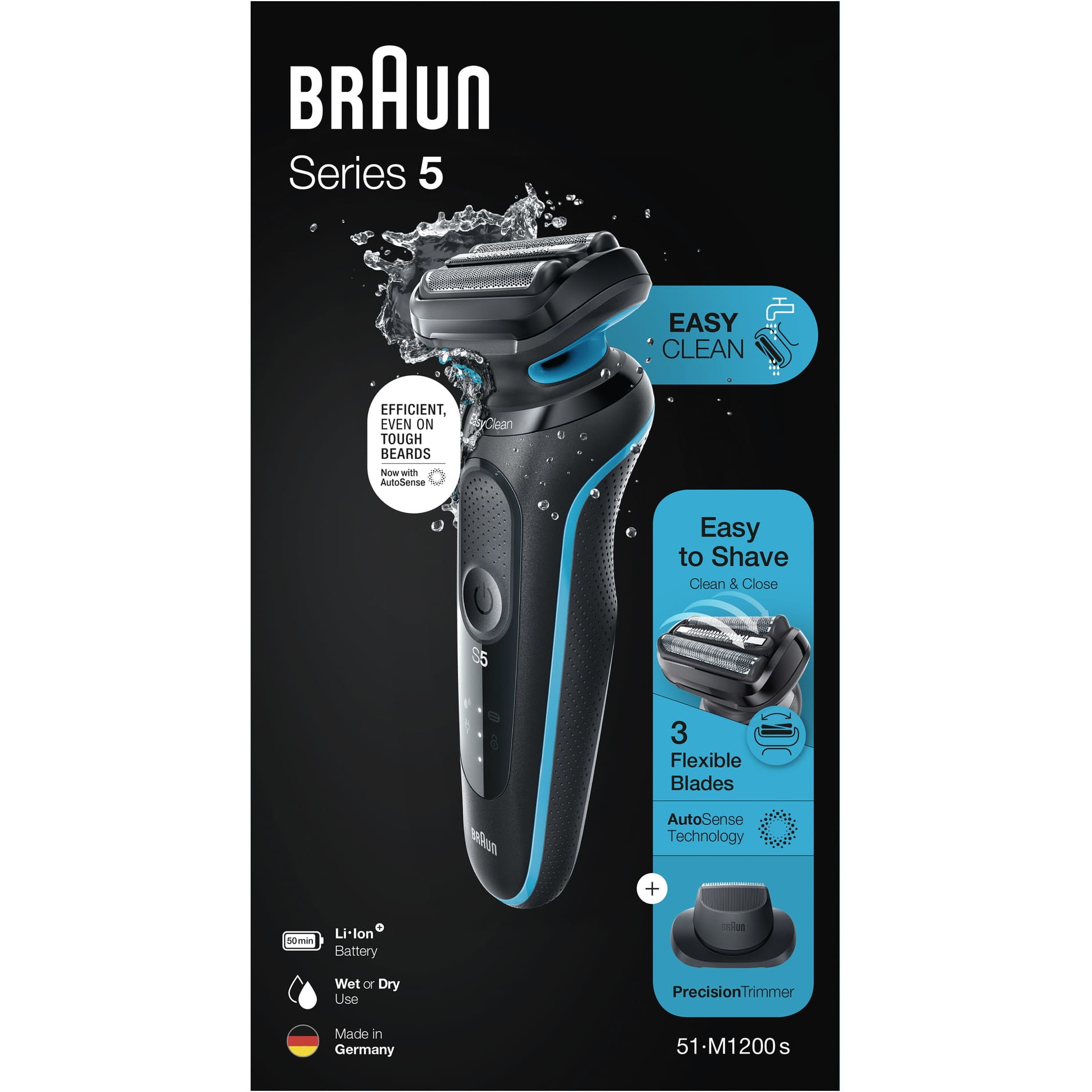 Makinë e rrojës Braun Series 5 51-M1200s, 3 elemente rroje, AutoSense, Wet & Dry, 50 minuta - Zezë/Blu 6