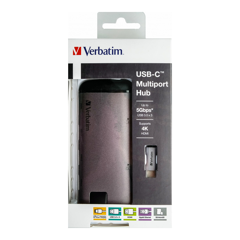 Hub USB Verbatim 49142 / USB-C / 3x USB-A / HDMI 4K / RJ45 Gigabit / SD + MicroSD / USB-C PD / 0.15 m - Zezë/Argjend 2