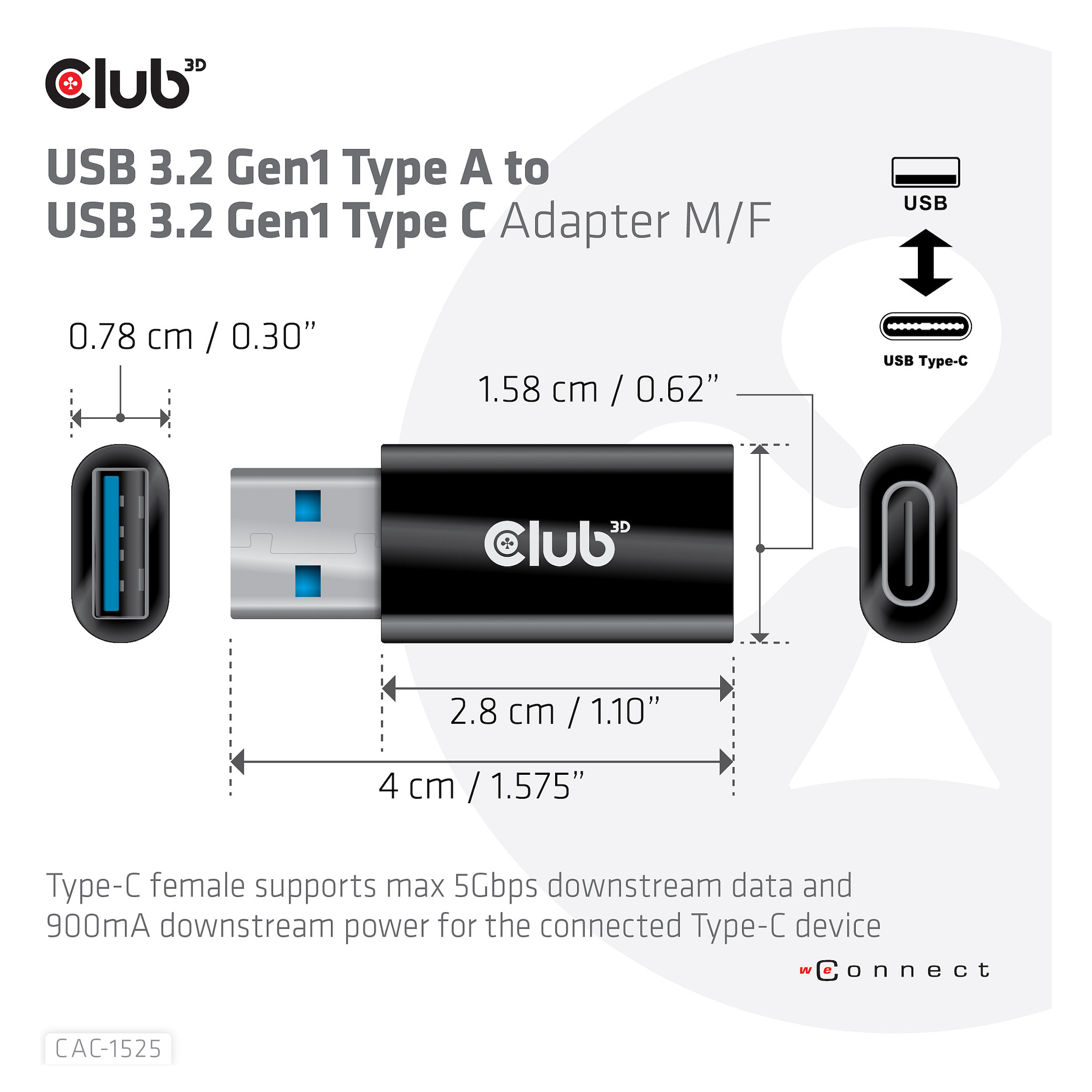 Club3D Adapter USB 3.2 Type‑A ↔ USB 3.2 Type‑C / St–Bu thumbnail 3