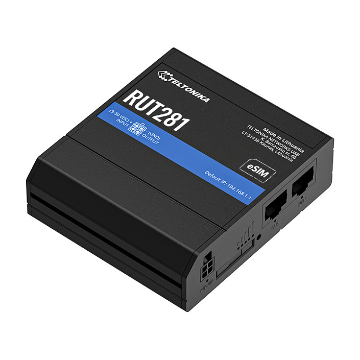 Teltonika, RUT281, Ruter, Wi-Fi 4, N300, Single-Band, 4G LTE Cat 4, 150Mbps, 2× 10/100Mbps Ethernet, Mini-SIM + eSIM, Zezë 2