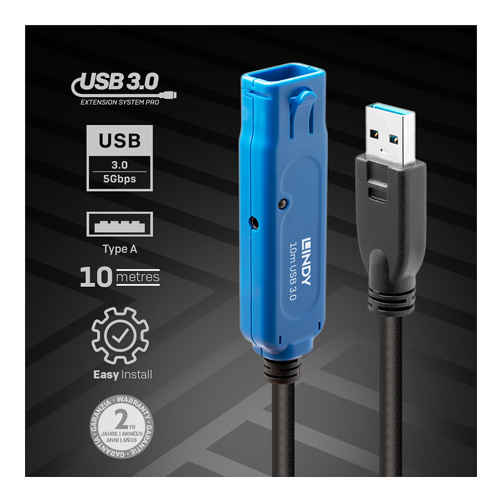 Kabllo USB LINDY 43157, USB 3.0, USB-A Mashkull në USB-A Femër, 5Gbps, 10m, Zgjatuese Aktive - Zezë 2