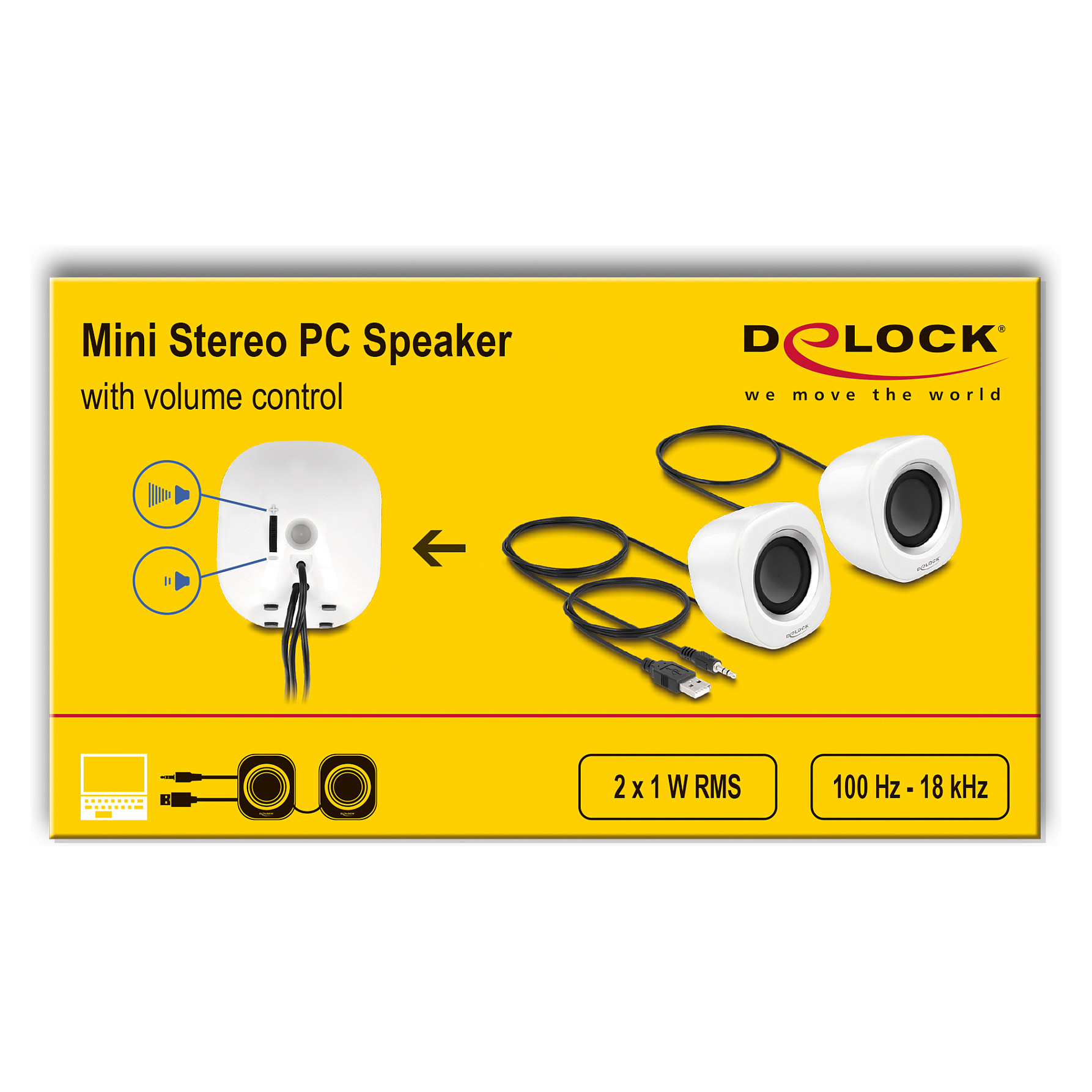 Altoparlantë Mini Stereo për PC DeLOCK 27008, 2W RMS, Jack 3.5 mm, USB – Argjend/Bardhë 3