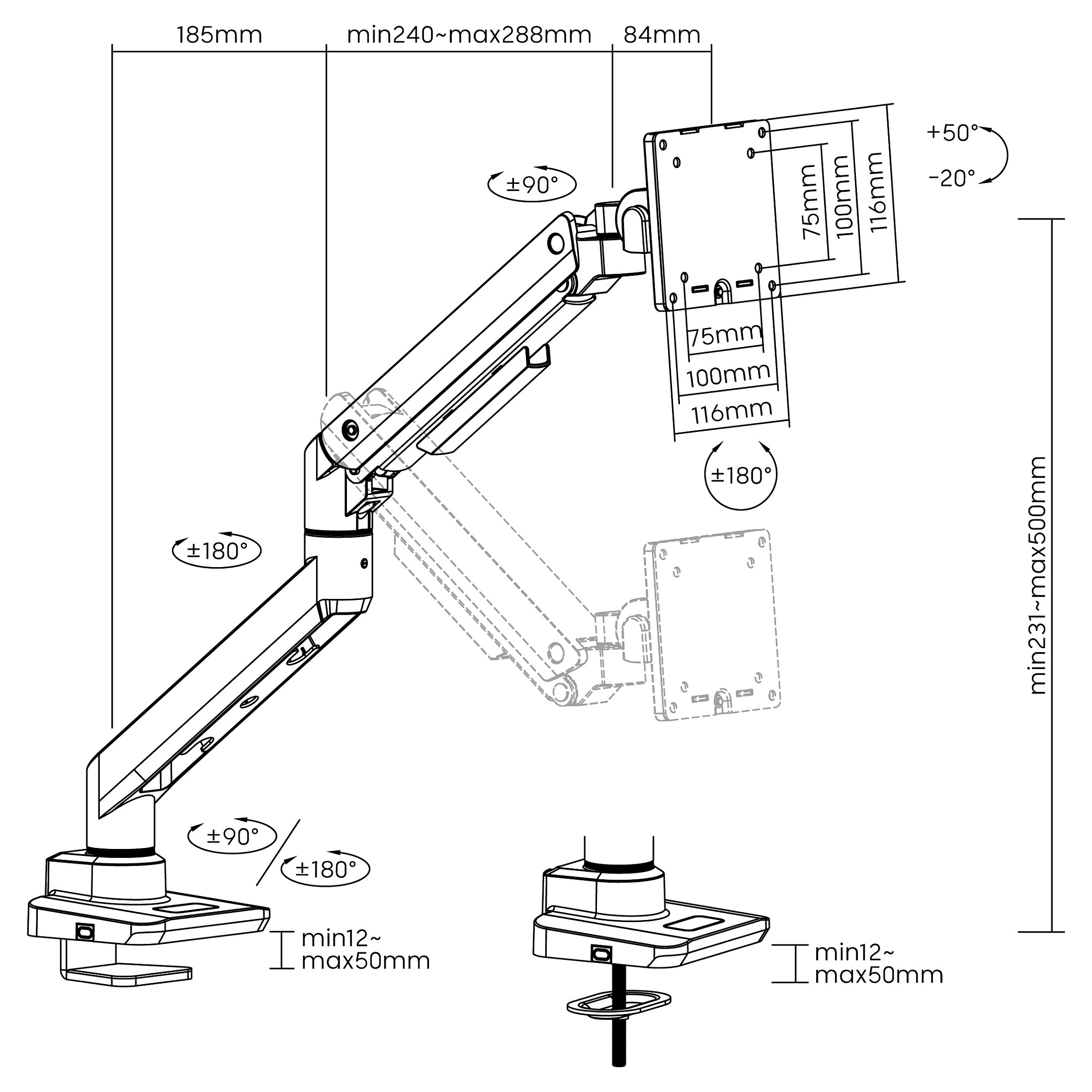 Mbajtëse për Monitor Equip 650181 / 1 Monitor / 17–49" / deri 20kg / VESA 75x75 & 100x100 / Gas Spring / Rotacion 360° - Bardhë 6
