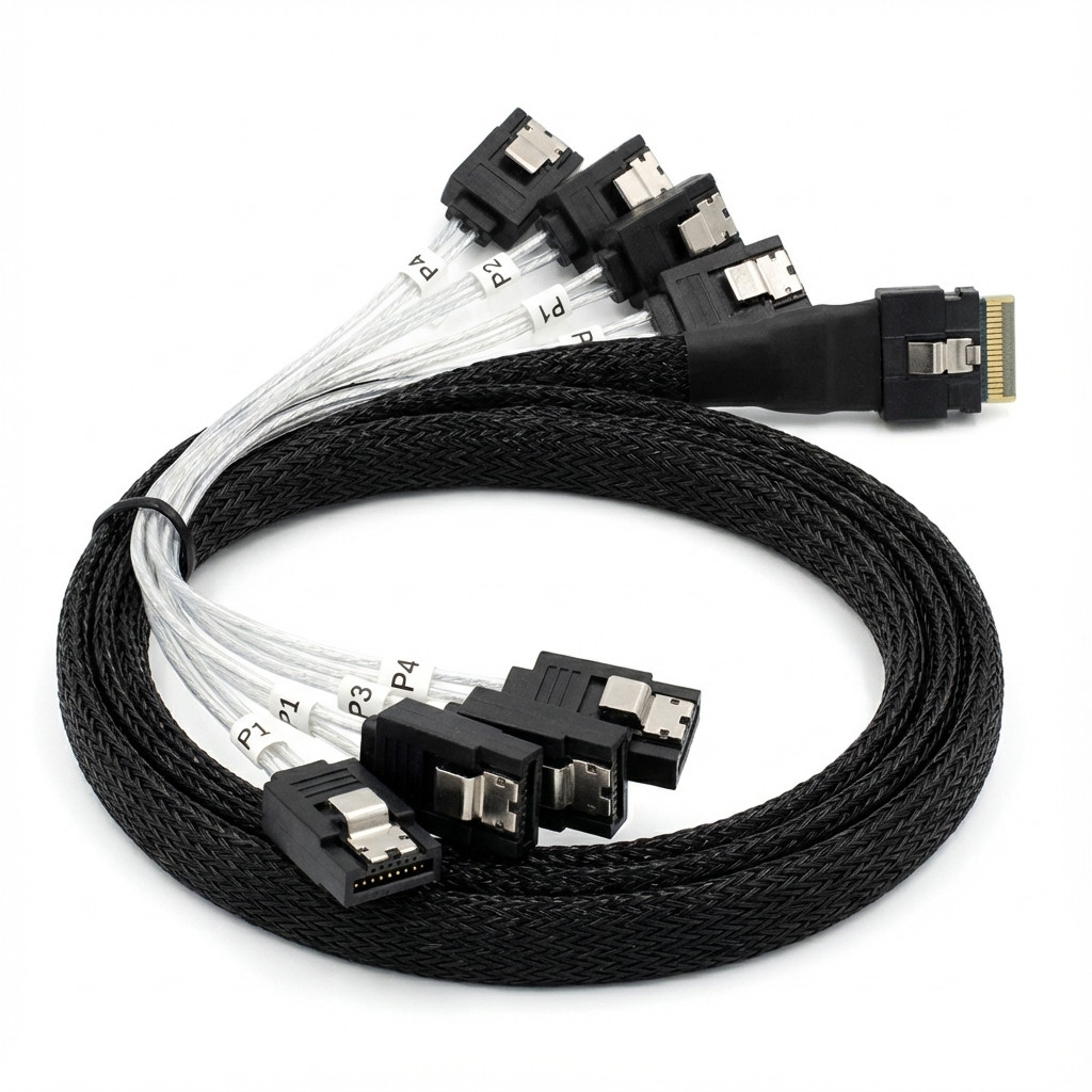 Emri: Kabllo SAS/SATA Broadcom 05-60010-00, SlimSAS SFF-8654 x8 në 8x SATA SFF-8482, 1 m - Zezë