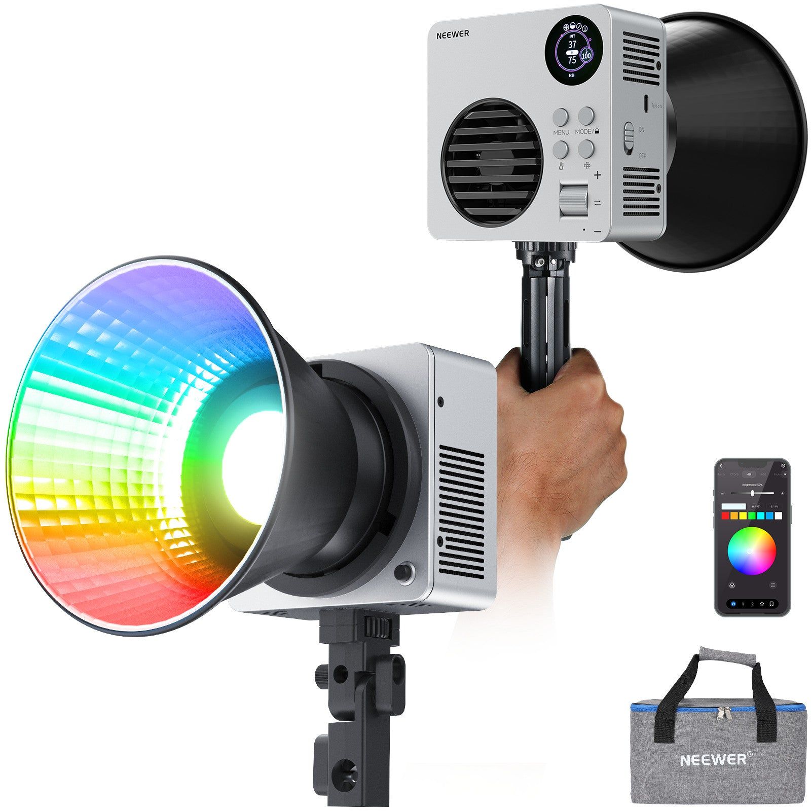 Dritë e Mençur Neewer HB80C, RGBWW, 80W, 10400Lux, 2500-7500K, CRI 95+, TLCI 97+, 72Wh, Bowens Mount - Zezë