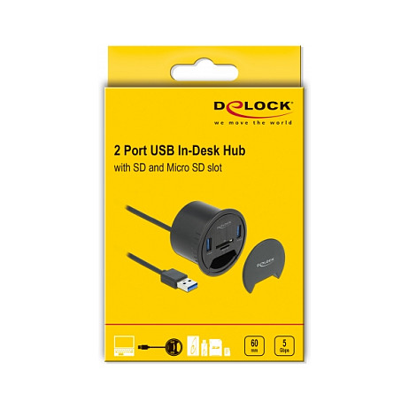 Hub USB DeLOCK 64152 / USB 3.2 Gen 1 / 2x USB-A / SD + Micro SD / Montim në Tavolinë / 1.5 m - Zezë 3