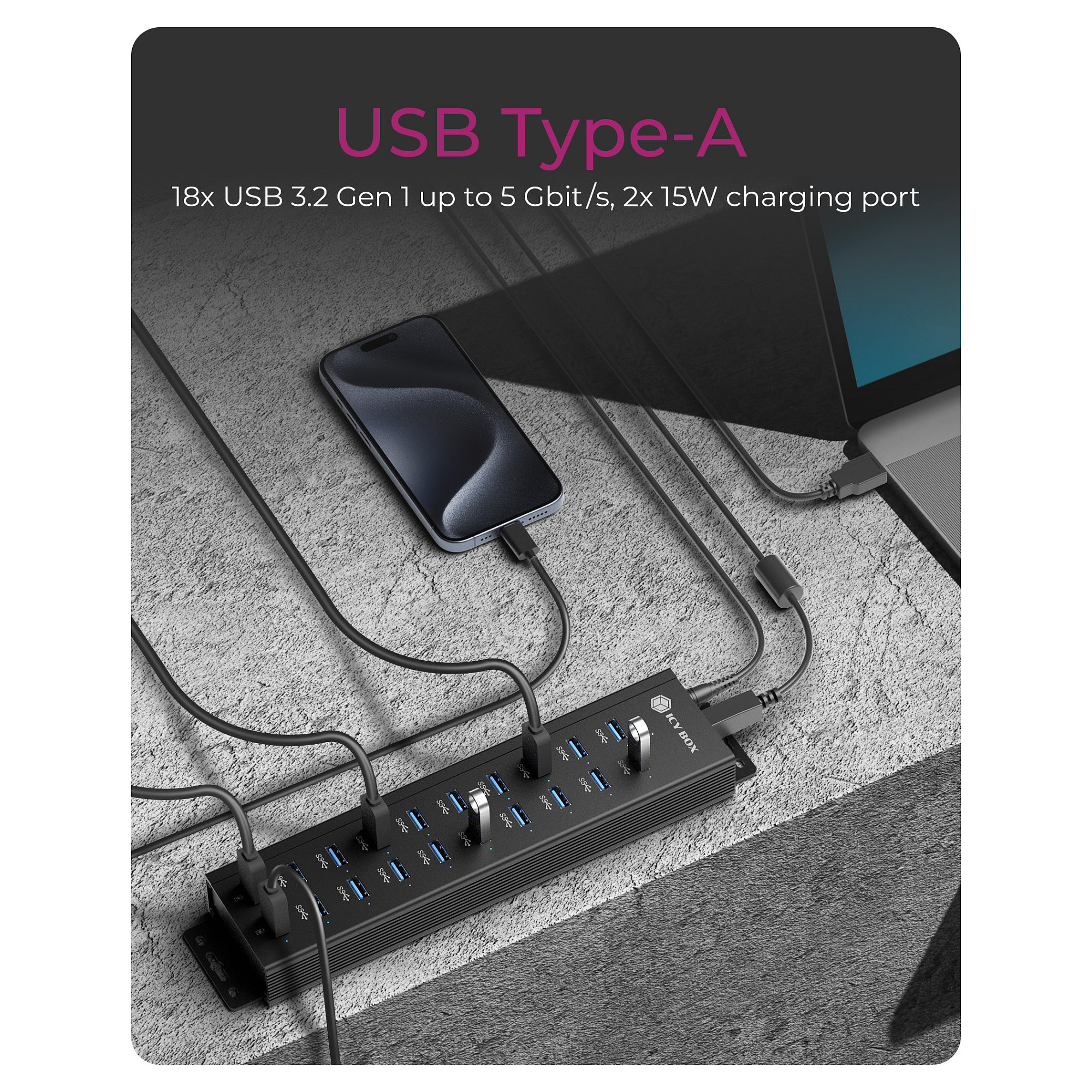 Hub ICY BOX IB-HUB1720-U3, 18x USB-A 3.2 Gen 1, 2x USB-A për karikim, 5Gbps, 15W, USB-B - Zezë 4