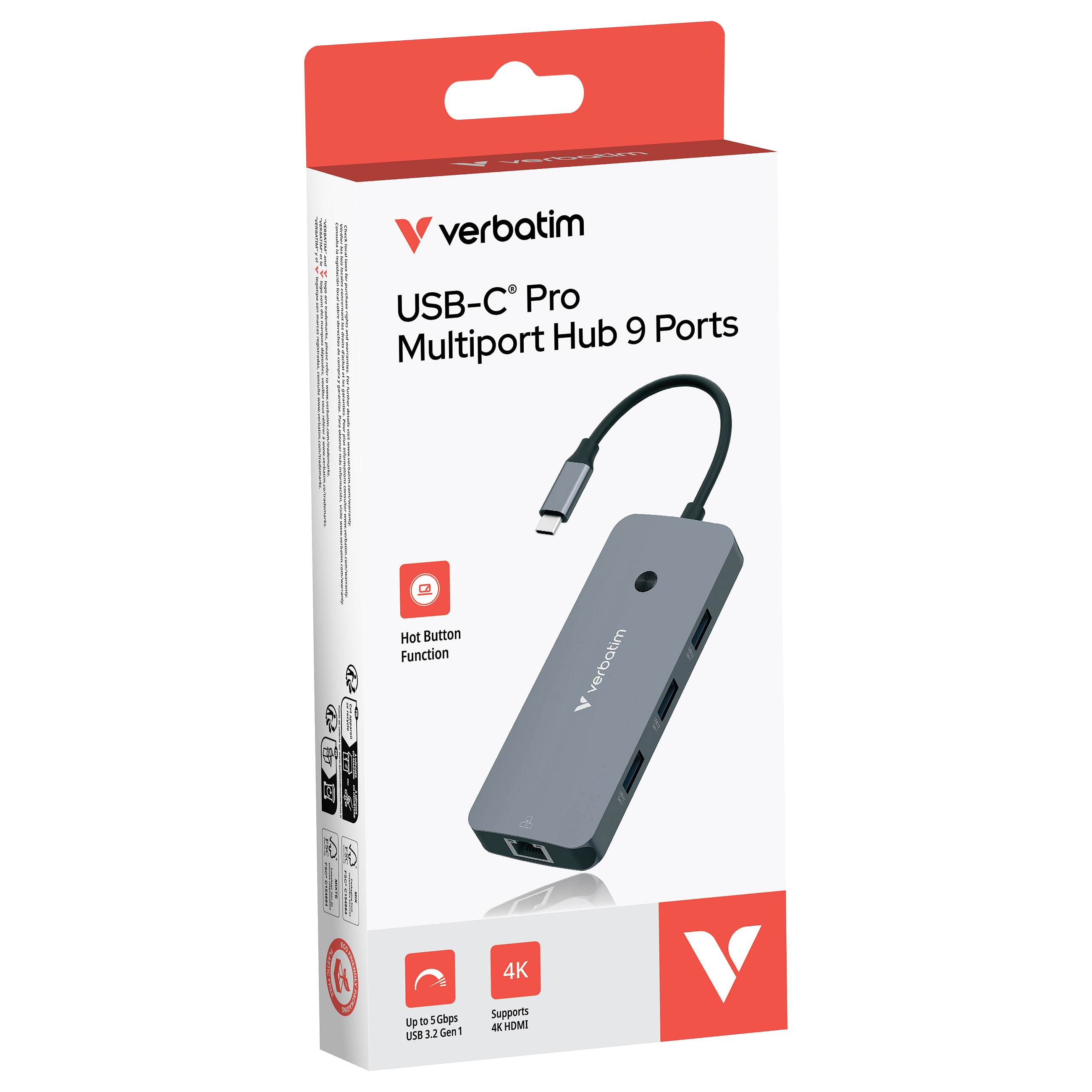Hub Verbatim USB-C CMH-09, 1× HDMI, RJ-45, 3× USB-A, 2× USB-C, SD, microSD - Hiri 2