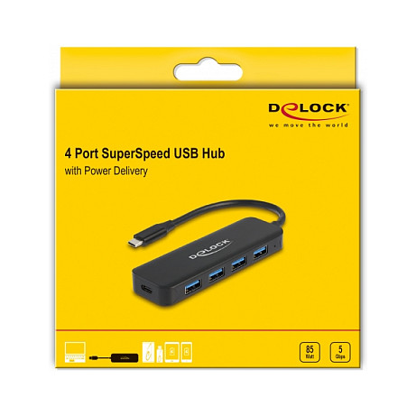 Hub USB DeLOCK 64170 / USB 5 Gbit/s / 4x USB-A / USB-C / Power Delivery 85W / 0.15 m - Zezë 4