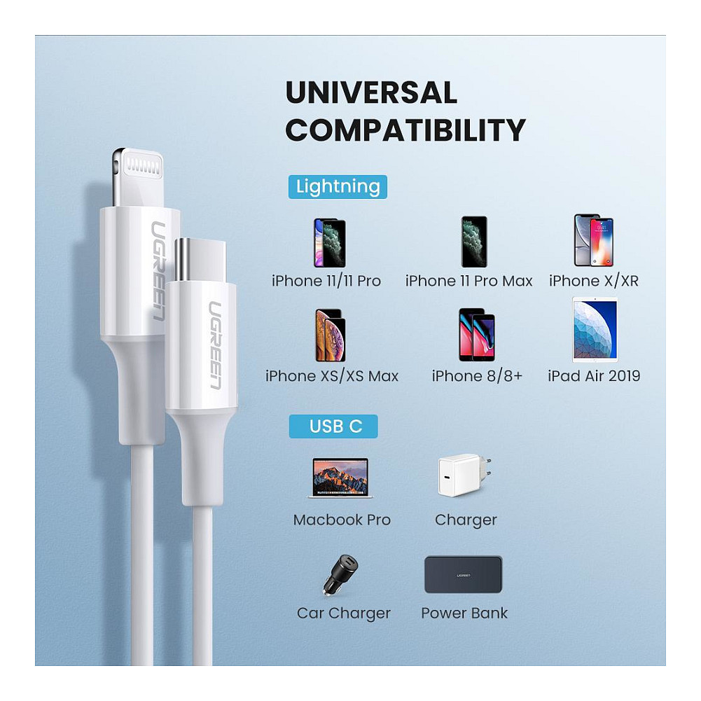 Kabllo USB UGREEN Lightning → Type‑C / 1 m – Bardhë thumbnail 3